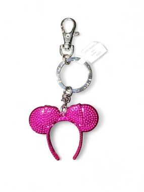 BNWT Pink Chrome Metal Minnie Mouse Disneyland Minnie Ears headband keychain